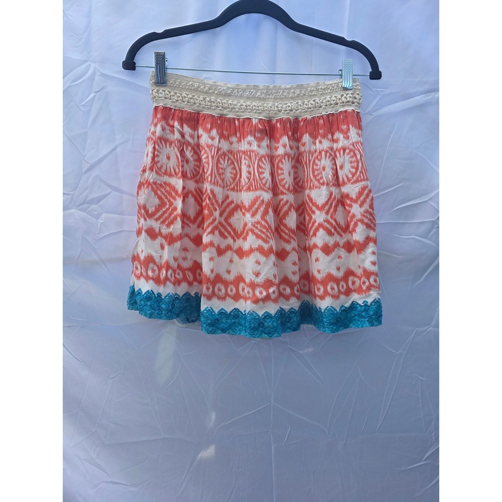 American Eagle Outfitters Ikat Tribal Mini Skirt Orange Teal Crochet Lace Med M - Picture 3 of 6